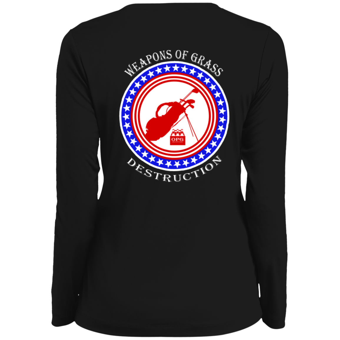 OPG Custom Design #18. Weapons of Grass Destruction. Ladies' Moisture-Wicking Long Sleeve V-Neck Tee