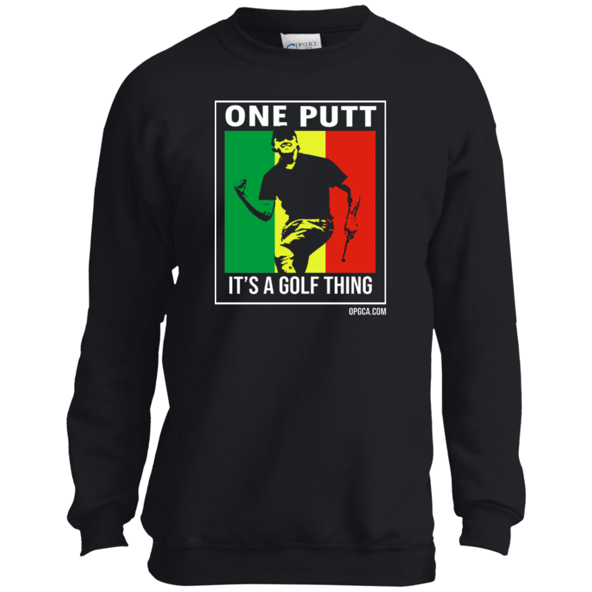 OPG Custom Design #22. One Putt / One Love Parody with Fan Art. Male Edition. Youth Crewneck Sweatshirt