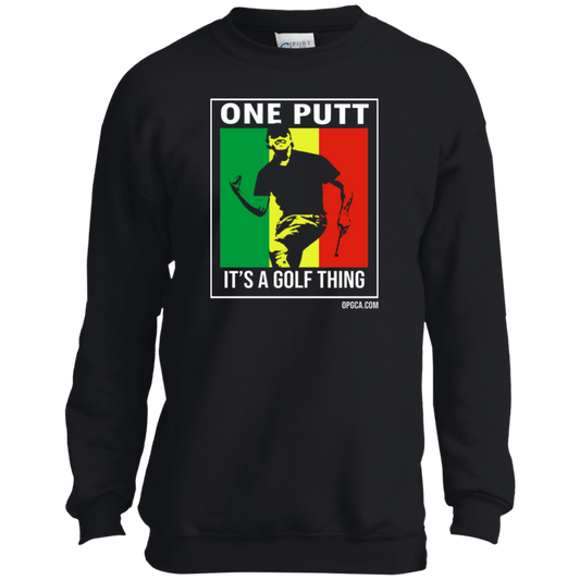 OPG Custom Design #22. One Putt / One Love Parody with Fan Art. Male Edition. Youth Crewneck Sweatshirt