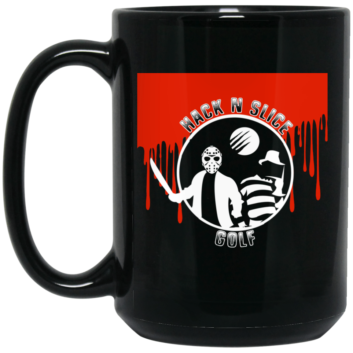 OPG Custom Design #23. Hack N Slice Golf. Freddy and Jason Fan Art. 15 oz. Black Mug