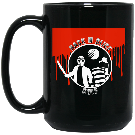 OPG Custom Design #23. Hack N Slice Golf. Freddy and Jason Fan Art. 15 oz. Black Mug