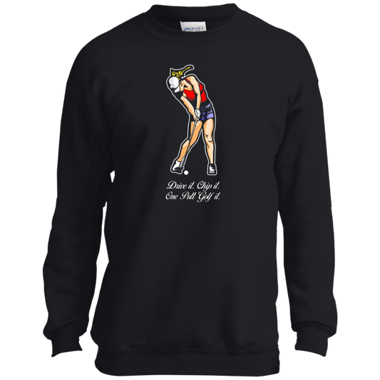 OPG Custom Design #9. Drive it. Chip it. One Putt Golf It. Golf So. Cal. Youth Crewneck Sweatshirt