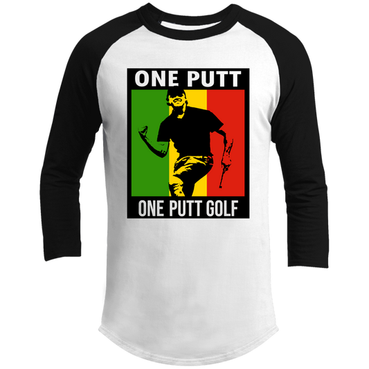 OPG Custom Design #22. One Putt / One Love Parody with Fan Art. Male Edition. 3/4 Raglan Sleeve Shirt 100% Ringspun Combed Cotton