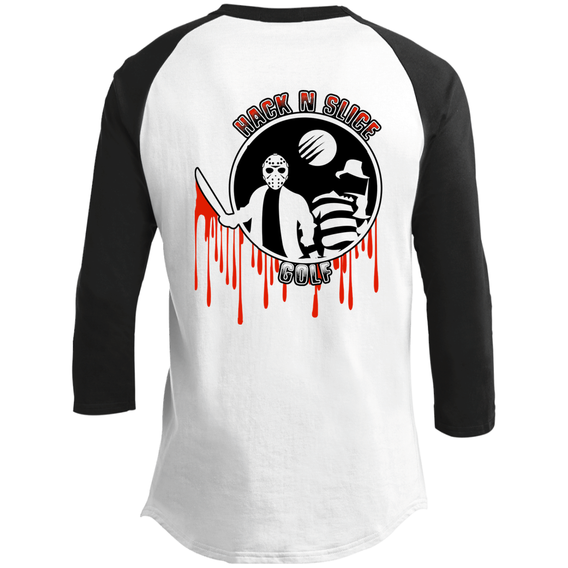 OPG Custom Design #23. Hack N Slice Golf. Freddy and Jason Fan Art. 3/4 Raglan Sleeve Shirt 100% Ringspun Combed Cotton