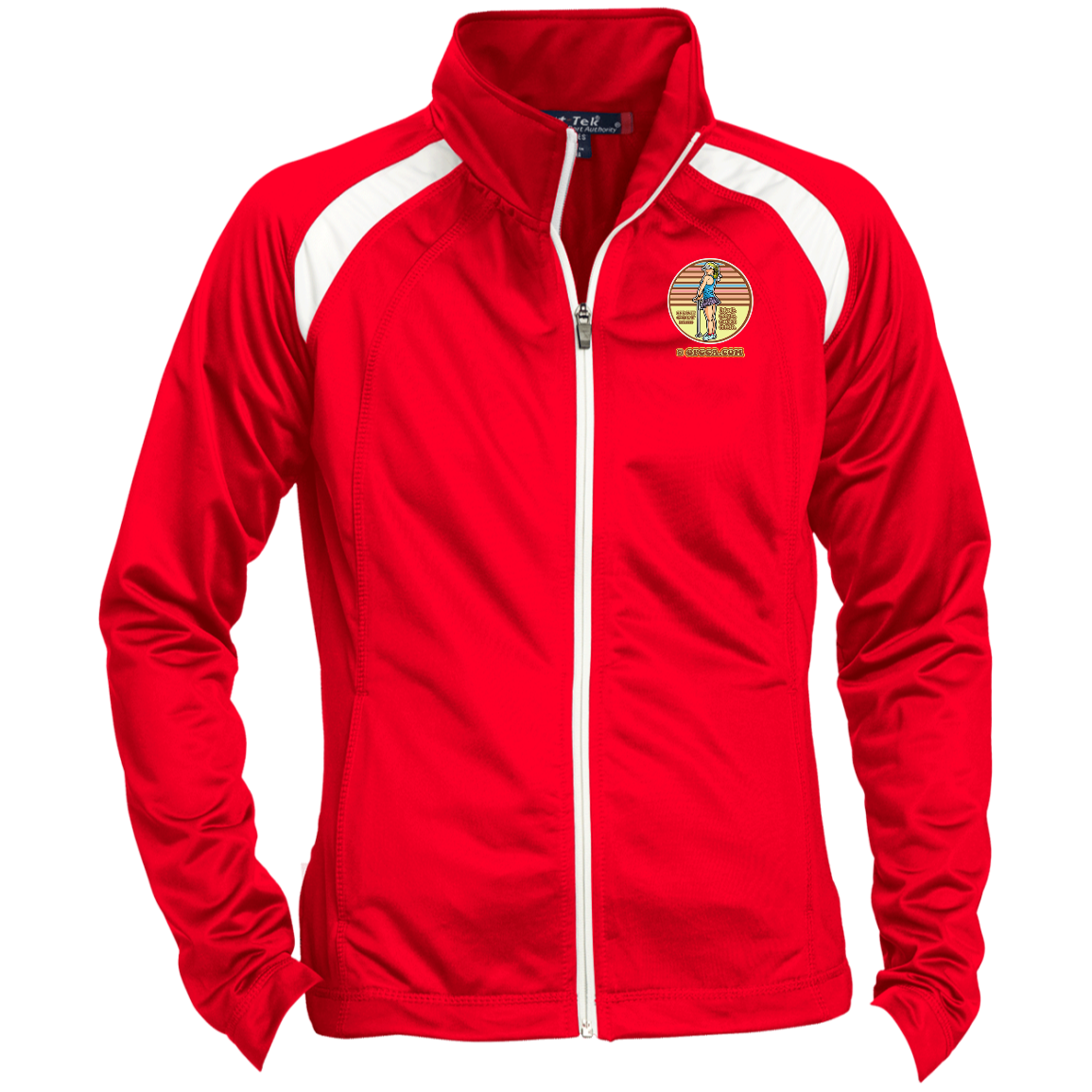 OPG Custom Design #28. Drive it. Chip it. One Putt golf it. Ladies' Raglan Sleeve Warmup Jacket