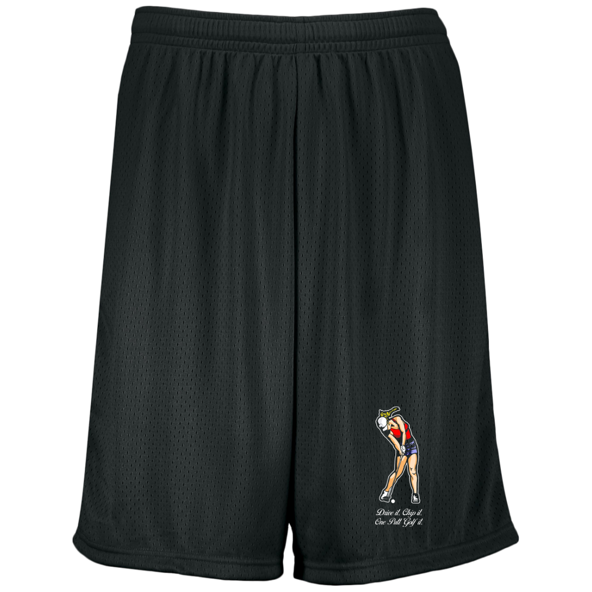 OPG Custom Design #9. Drive it. Chip it. One Putt Golf It. Golf So. Cal. Moisture-Wicking 9 inch Inseam Mesh Shorts