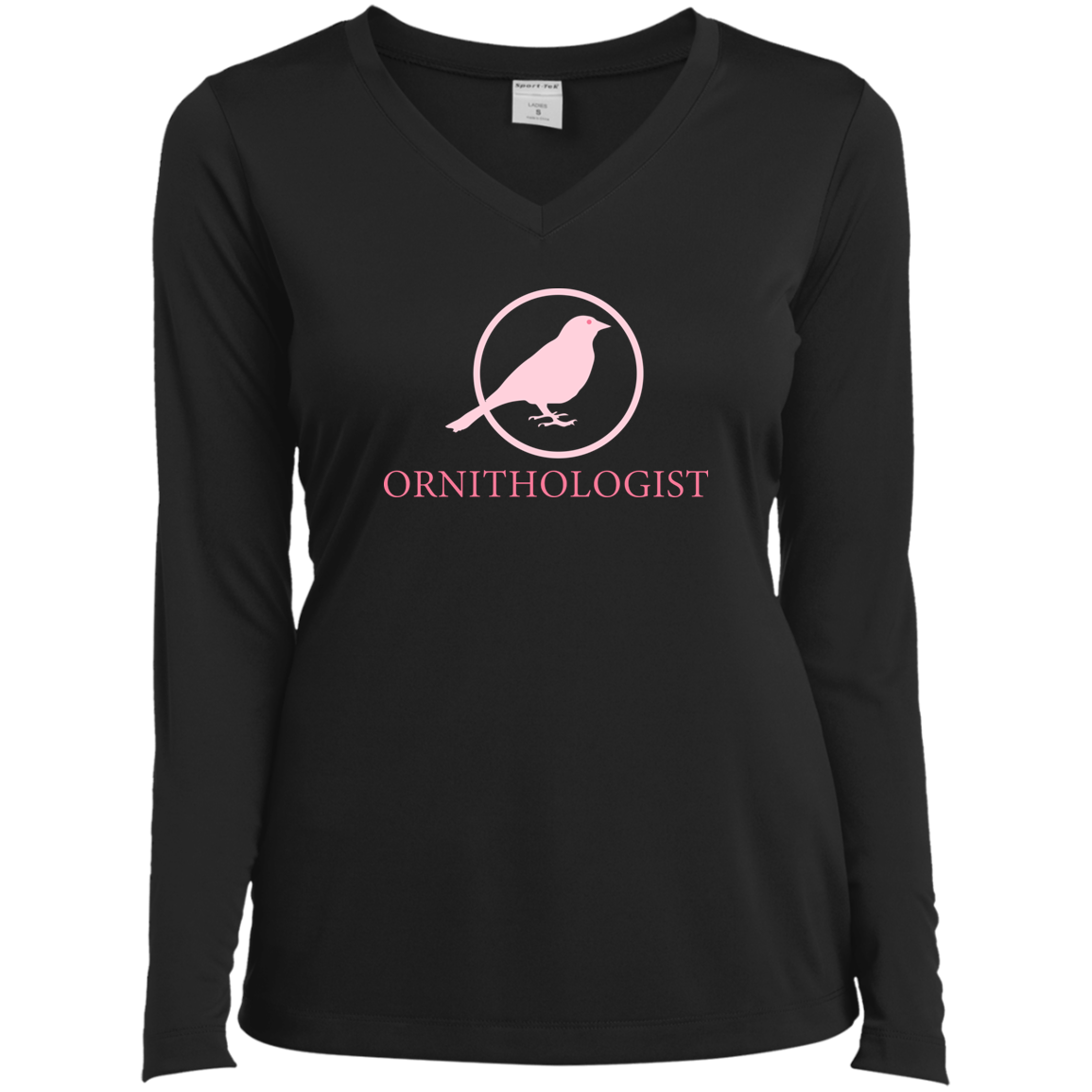 OPG Custom Design # 24. Ornithologist. A person who studies or is an expert on birds. Ladies’ Long Sleeve Performance V-Neck Tee