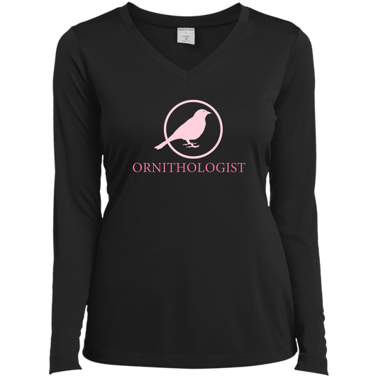 OPG Custom Design # 24. Ornithologist. A person who studies or is an expert on birds. Ladies’ Long Sleeve Performance V-Neck Tee