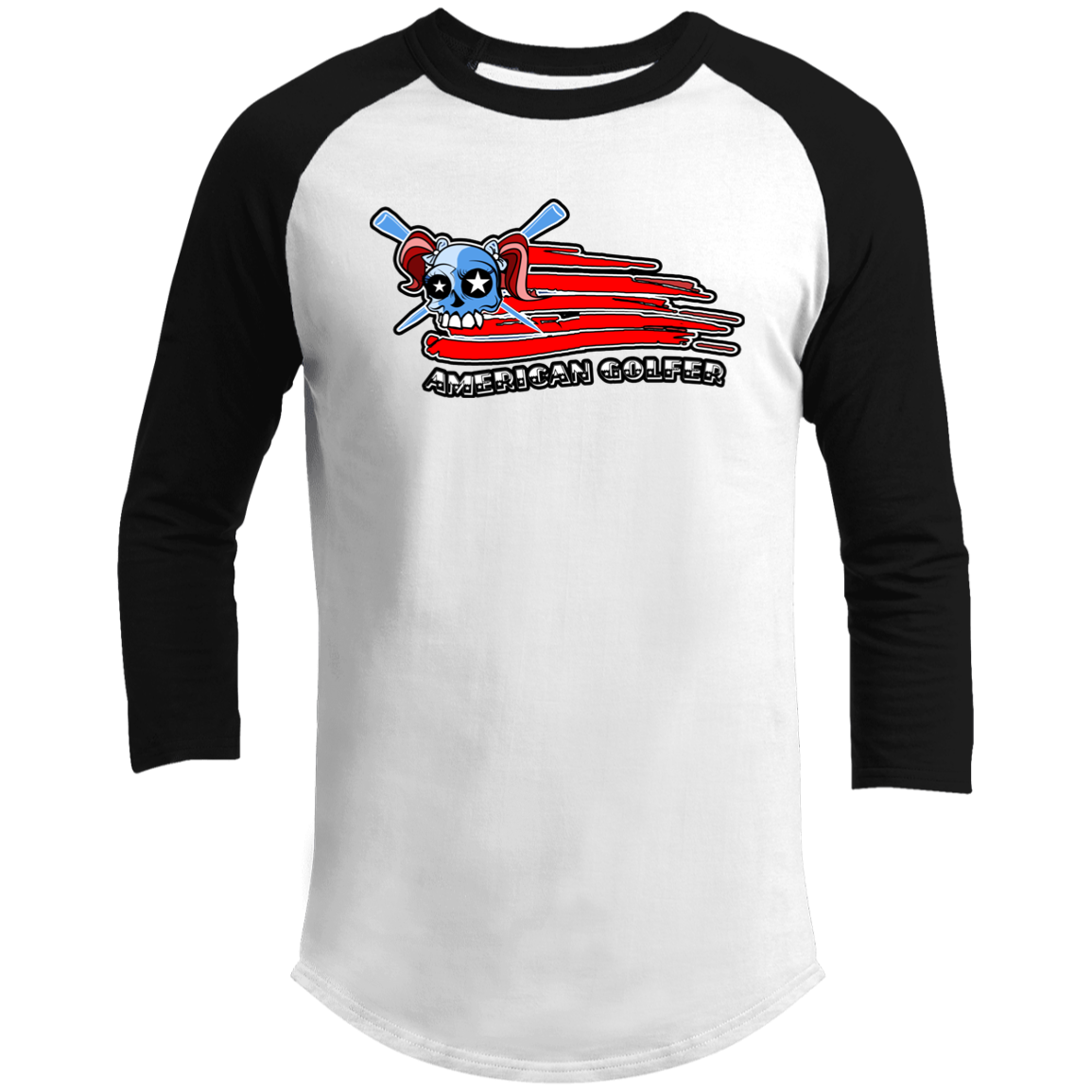 OPG Custom Design #12. American Golfer. Female Edition. 3/4 Raglan Sleeve Shirt 100% Ringspun Combed Cotton