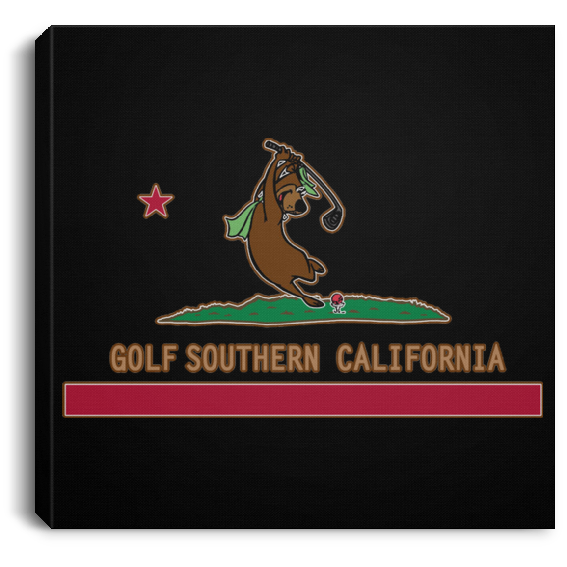 OPG Custom Design #9. Golf Southern California. California State Flag / Yogi Bear Playing Golf Parody. Square Canvas .75in Frame