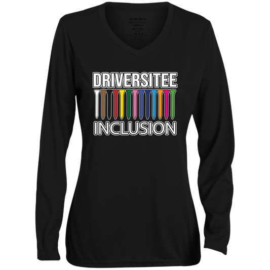 ZZZ#06 OPG Custom Design. DRIVER-SITEE & INCLUSION. Ladies' Moisture-Wicking Long Sleeve V-Neck Tee