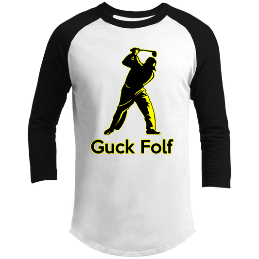 OPG Custom Design #19. GUCK FOLF. Men's Edition. 3/4 Raglan Sleeve Shirt 100% Ringspun Combed Cotton