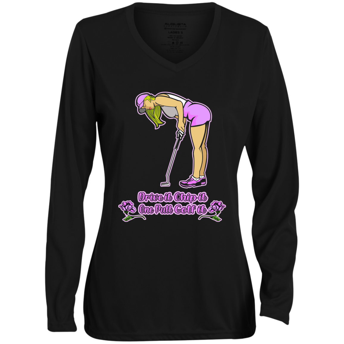 OPG Custom Design #13. Drive it. Chip it. One Putt Golf it. Ladies' Moisture-Wicking Long Sleeve V-Neck Tee