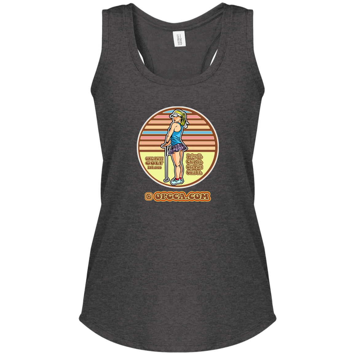 OPG Custom Design #28. Drive it. Chip it. One Putt golf it. Ladies' Tri Racerback Tank