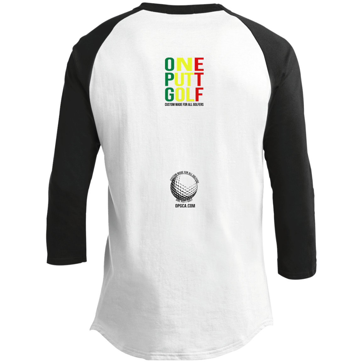 OPG Custom Design #22. One Putt / One Love Parody with Fan Art. Male Edition. 3/4 Raglan Sleeve Shirt 100% Ringspun Combed Cotton