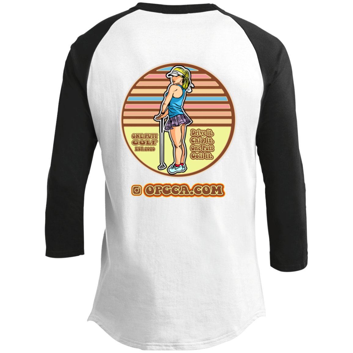 OPG Custom Design #28. Drive it. Chip it. One Putt golf it. Youth 3/4 Raglan Sleeve Shirt