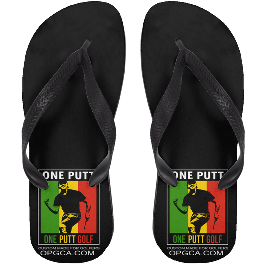 OPG Custom Design #22. One Putt. Bob Marley One Love Parody. Men's Edition. Adult Flip Flops