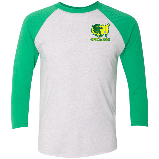 OPG Custom Design #26. Tiger Woods Fan Art. 2019 Master's Champion. Tri-Blend 3/4 Sleeve Raglan T-Shirt