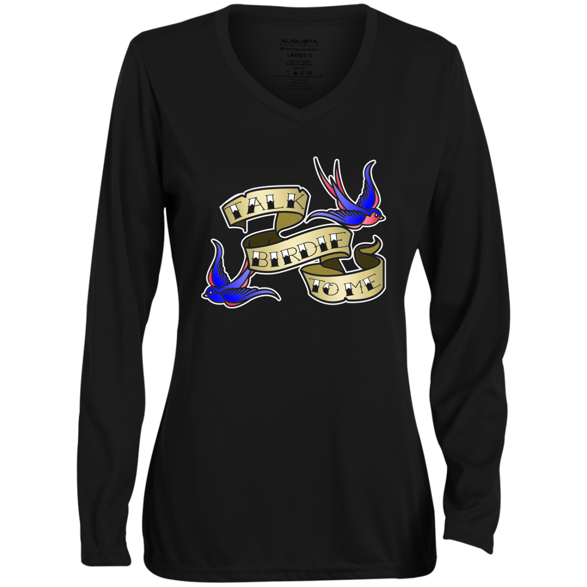 OPG Custom Design #25. Talk Birdie to Me. Ladies' Moisture-Wicking Long Sleeve V-Neck Tee