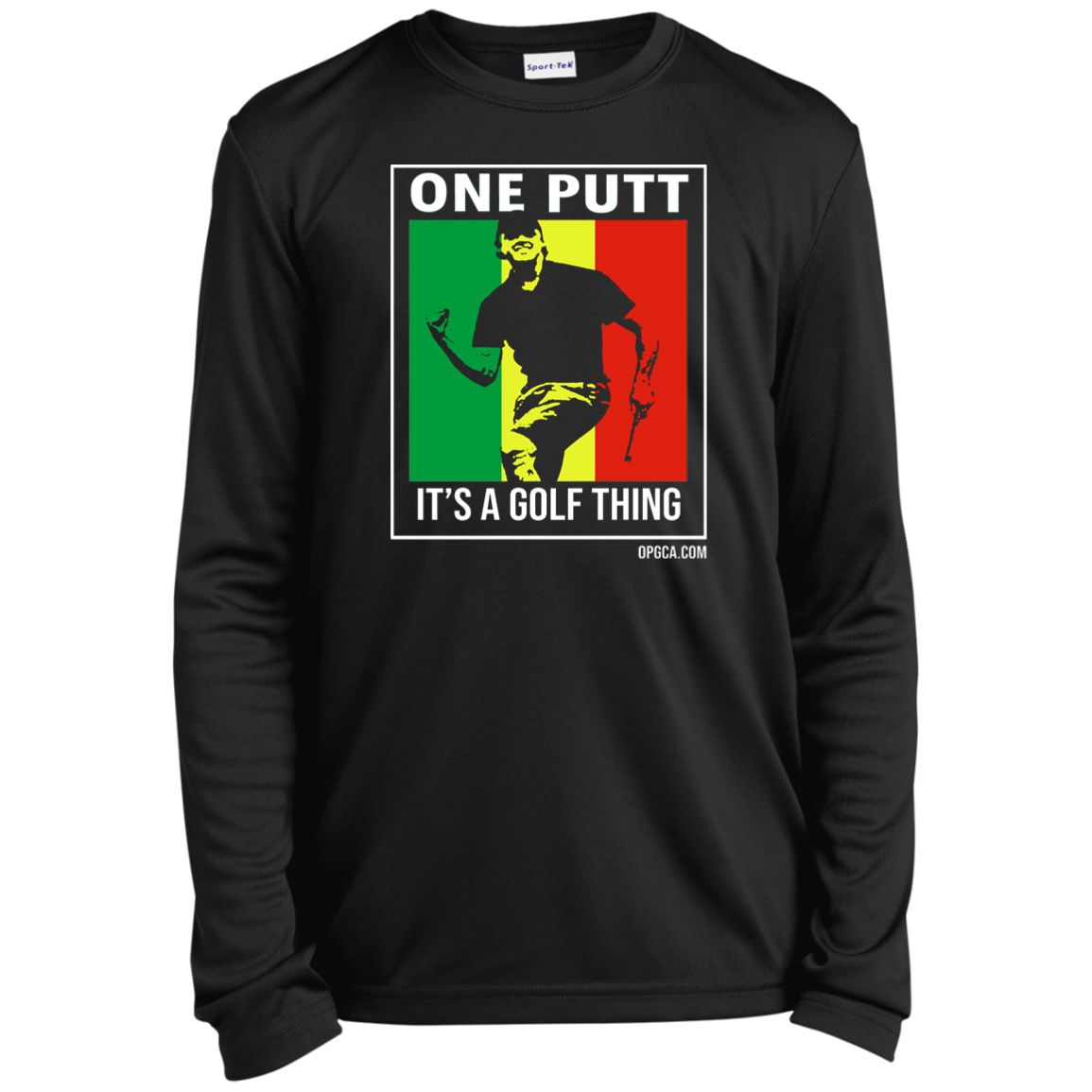 OPG Custom Design #22. One Putt / One Love Parody with Fan Art. Male Edition. Youth 100% Polyester Long Sleeve Tee