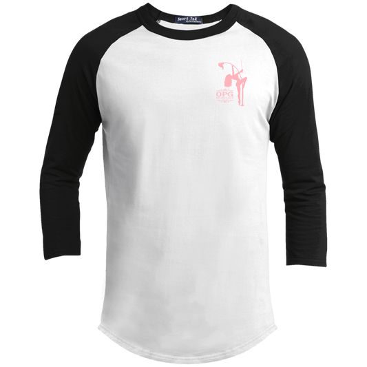 OPG Custom Design #10. Lady on Front / Flag Pole Dancer On Back. Youth 3/4 Raglan Sleeve Shirt