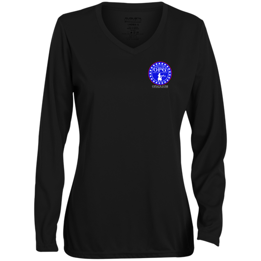 OPG Custom Design #18. Weapons of Grass Destruction. Ladies' Moisture-Wicking Long Sleeve V-Neck Tee