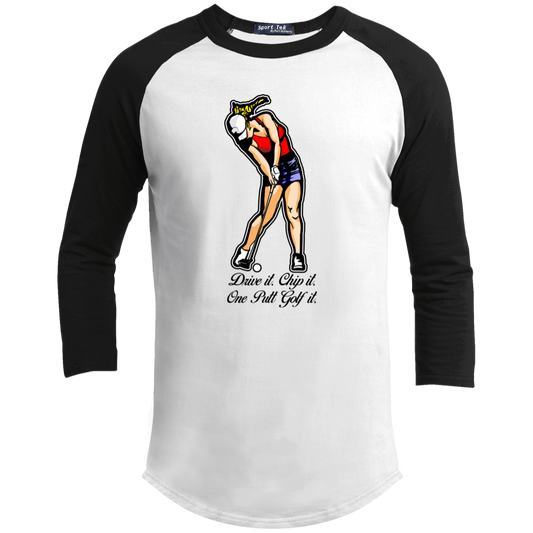 OPG Custom Design #9. Drive it. Chip it. One Putt Golf It. Golf So. Cal. Youth 3/4 Raglan Sleeve Shirt