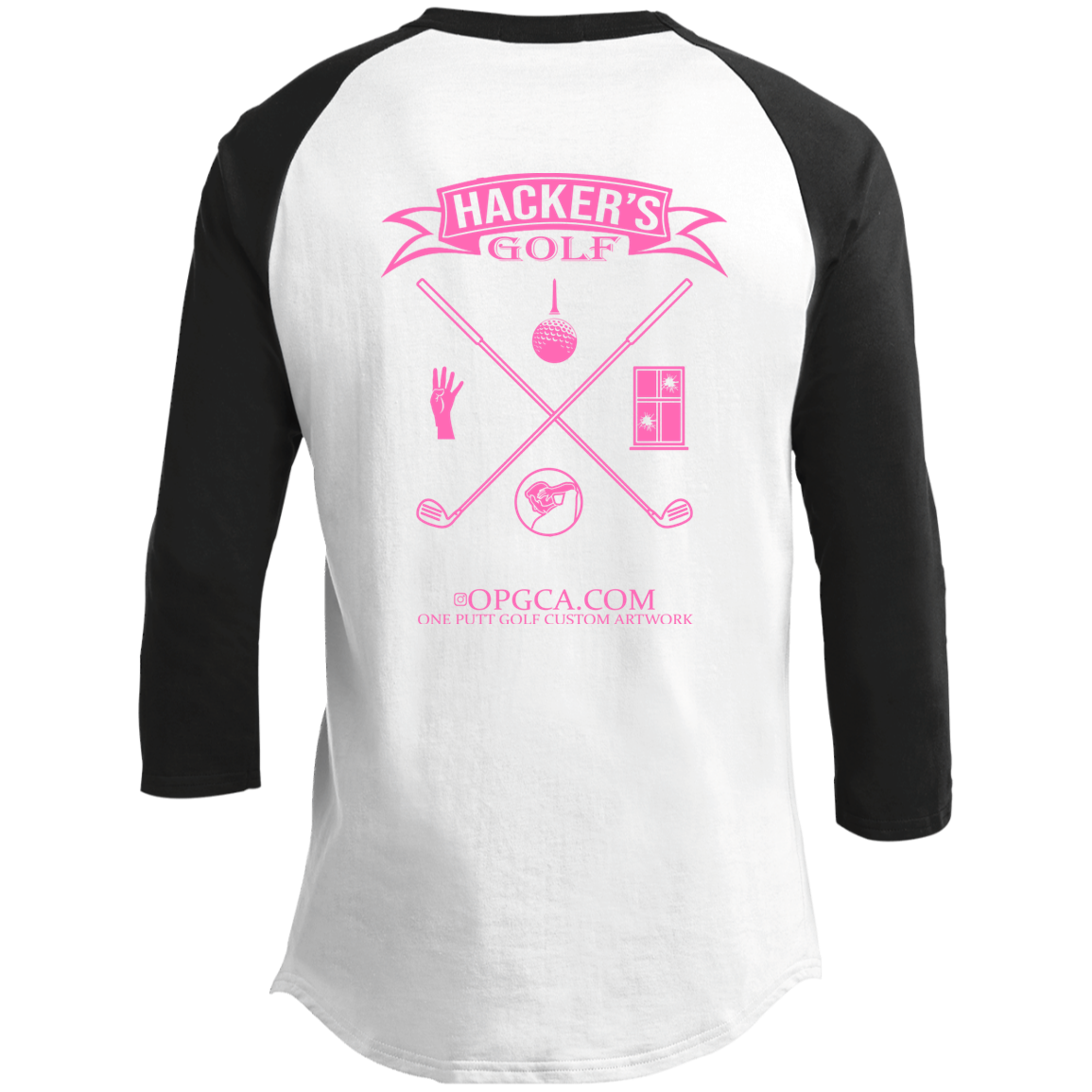 ZZZ#20 OPG Custom Design. 1st Annual Hackers Golf Tournament. Ladies Edition. 3/4 Raglan Sleeve Shirt 100% Ringspun Combed Cotton