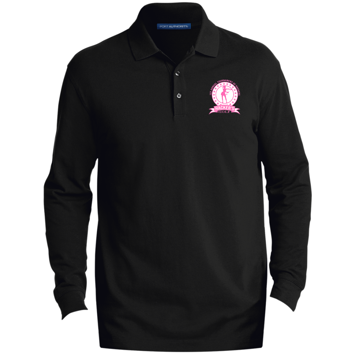 ZZZ#20 OPG Custom Design. 1st Annual Hackers Golf Tournament. Ladies Edition. Men's EZCotton™ Long Sleeve Polo