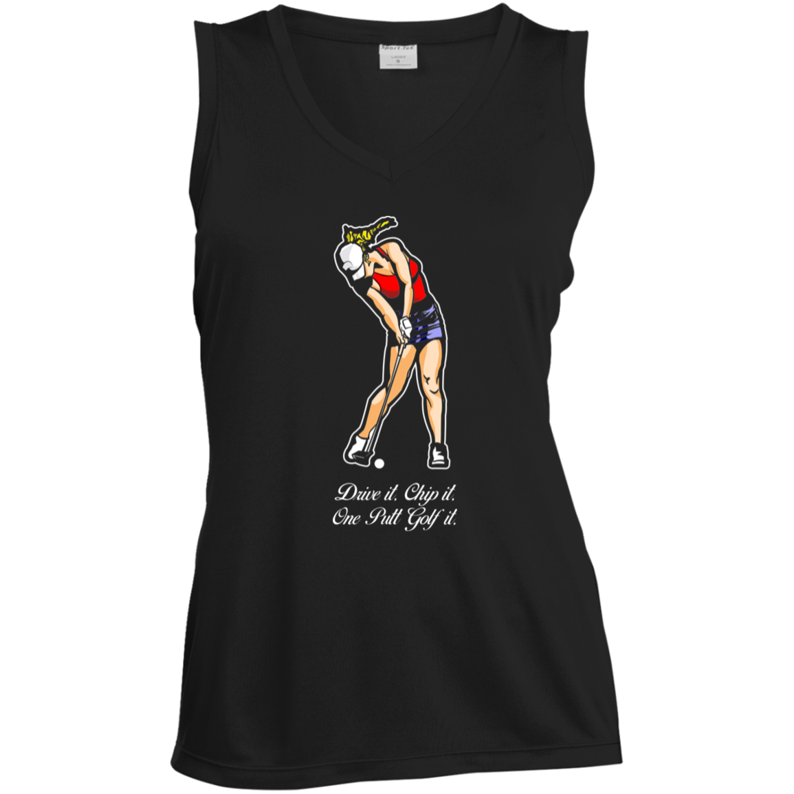 OPG Custom Design #9. Drive it. Chip it. One Putt Golf It. Golf So. Cal. Ladies' Sleeveless V-Neck