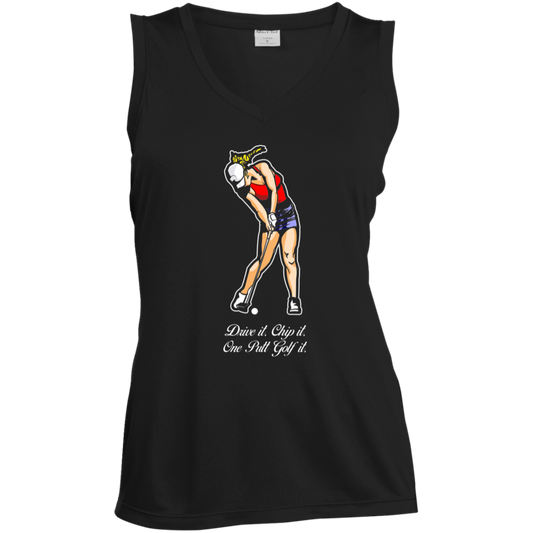 OPG Custom Design #9. Drive it. Chip it. One Putt Golf It. Golf So. Cal. Ladies' Sleeveless V-Neck