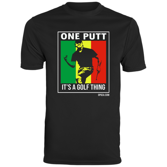 OPG Custom Design #22. One Putt / One Love Parody with Fan Art. Male Edition. Men's Moisture-Wicking Tee