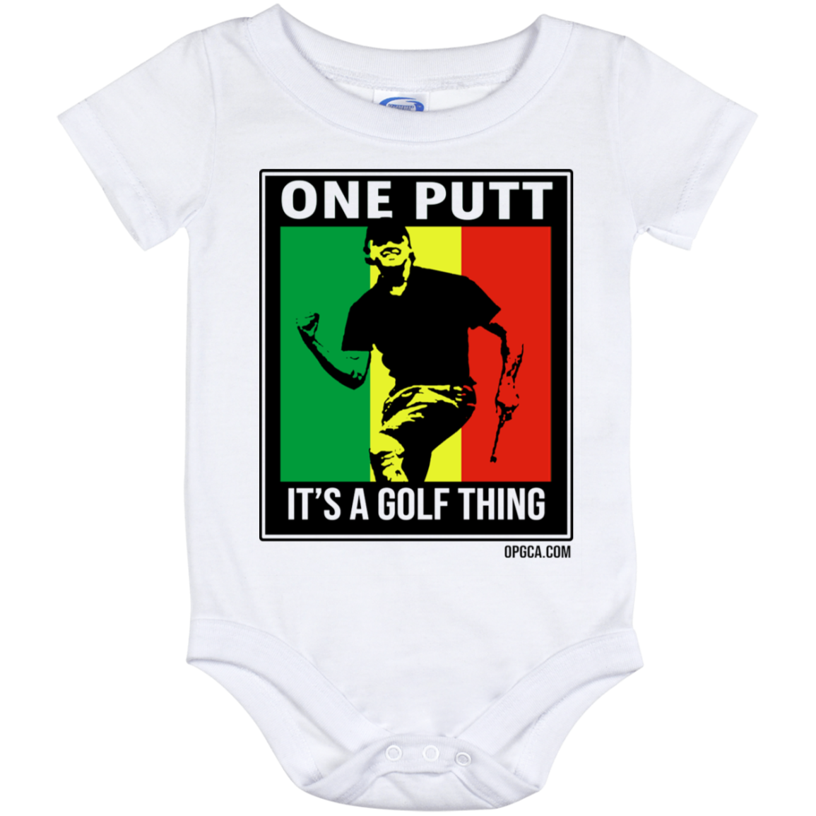 OPG Custom Design #22. One Putt. Bob Marley One Love Parody. Men's Edition. Baby Onesie 12 Month