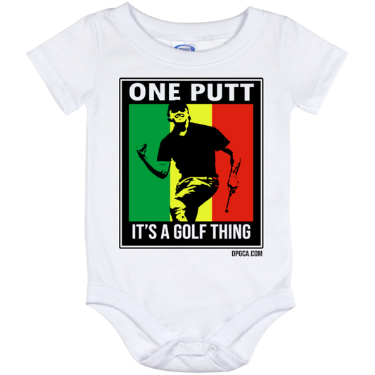 OPG Custom Design #22. One Putt. Bob Marley One Love Parody. Men's Edition. Baby Onesie 12 Month