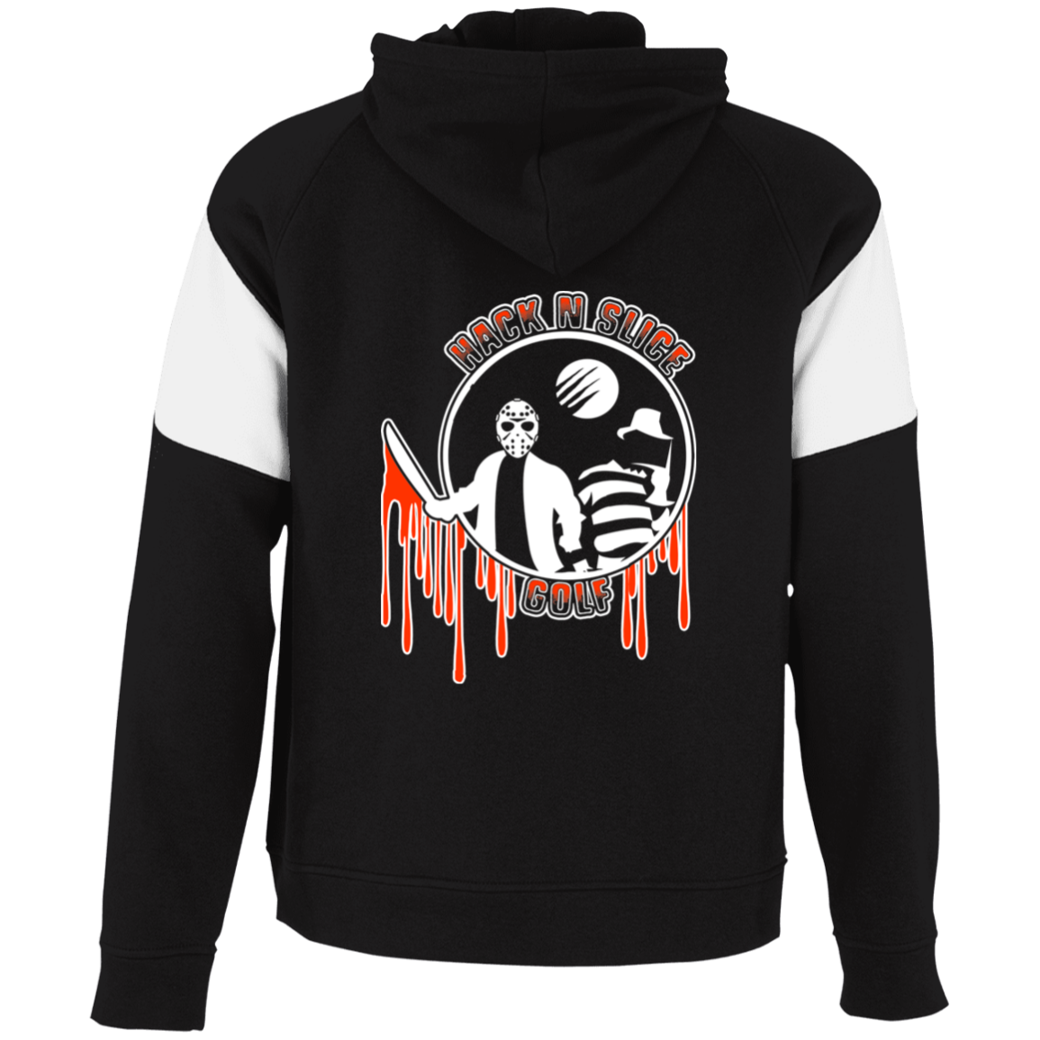 OPG Custom Design #23. Hack N Slice Golf. Freddy and Jason Fan Art. Youth Athletic Colorblock Fleece Hoodie