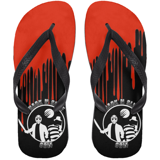 OPG Custom Design #23. Hack N Slice Golf. Freddy and Jason Fan Art. Adult Flip Flops