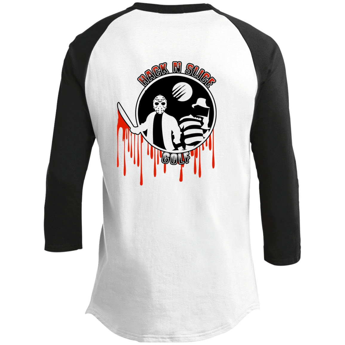 OPG Custom Design #23. Hack N Slice Golf. Freddy and Jason Fan Art. Youth 3/4 Raglan Sleeve Shirt