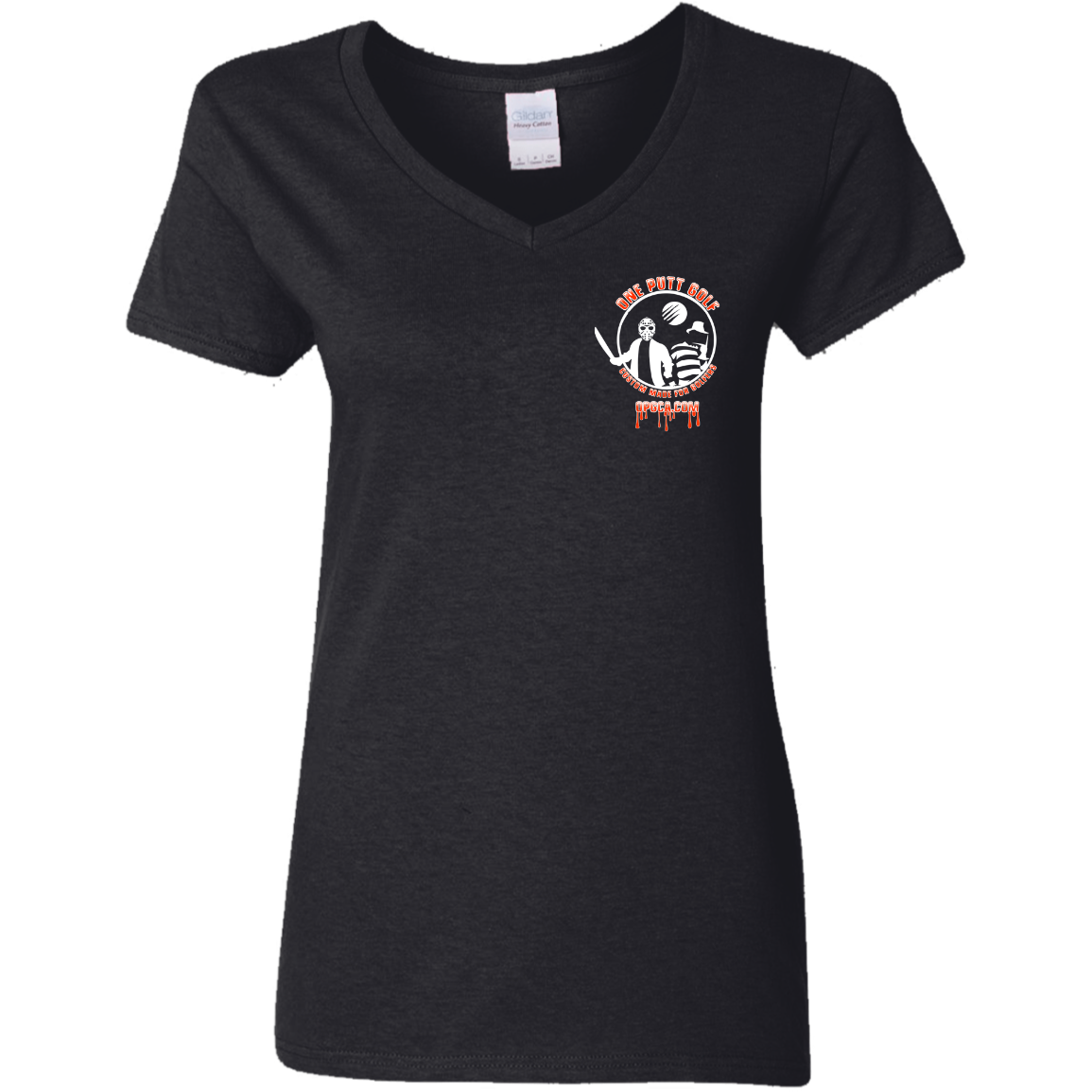 OPG Custom Design #23. Hack N Slice Golf. Freddy and Jason Fan Art. Ladies' 5.3 oz. 100% Cotton Preshrunk V-Neck T-Shirt