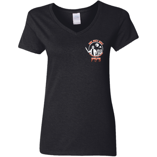 OPG Custom Design #23. Hack N Slice Golf. Freddy and Jason Fan Art. Ladies' 5.3 oz. 100% Cotton Preshrunk V-Neck T-Shirt