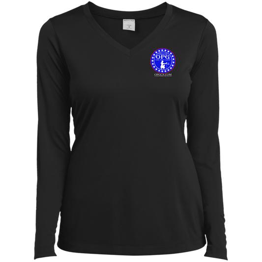 OPG Custom Design #18. Weapons of Grass Destruction. Ladies’ Long Sleeve Performance V-Neck Tee