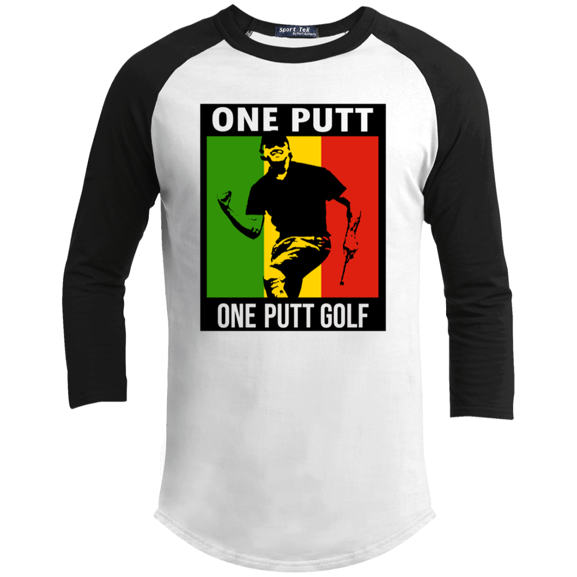 OPG Custom Design #22. One Putt / One Love Parody with Fan Art. Male Edition. Youth 3/4 Raglan Sleeve Shirt