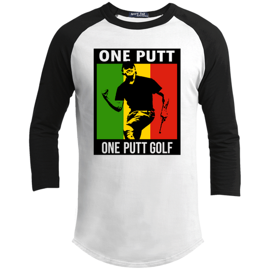 OPG Custom Design #22. One Putt / One Love Parody with Fan Art. Male Edition. Youth 3/4 Raglan Sleeve Shirt