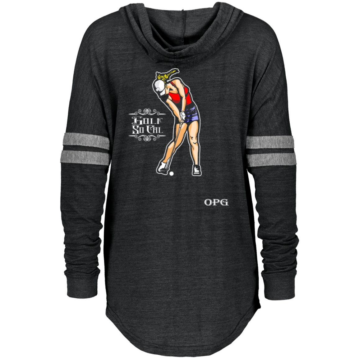 OPG Custom Design #9. Drive it. Chip it. One Putt Golf It. Golf So. Cal.  Ladies Hooded Low Key Pullover