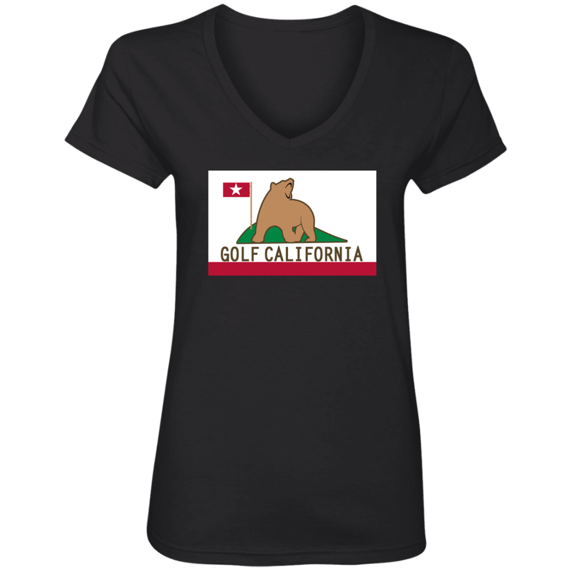 OPG Custom Design #14. Golf California. California State Flag. Ladies' V-Neck 100% Ring Spun Cotton T-Shirt