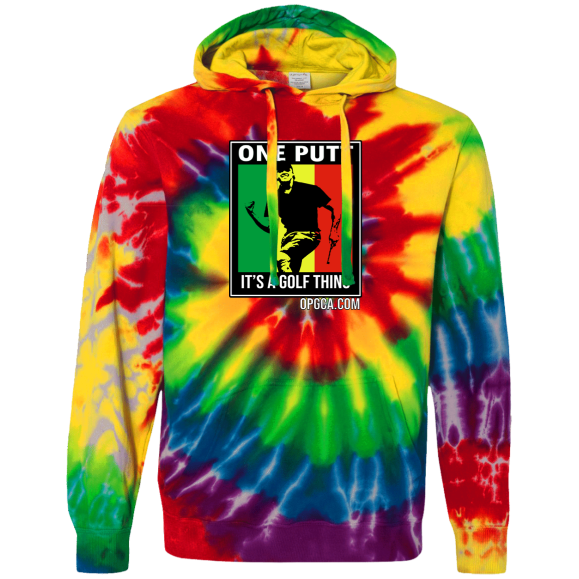 OPG Custom Design #22. One Putt / One Love Parody with Fan Art. Male Edition. Unisex Tie-Dyed Pullover Hoodie