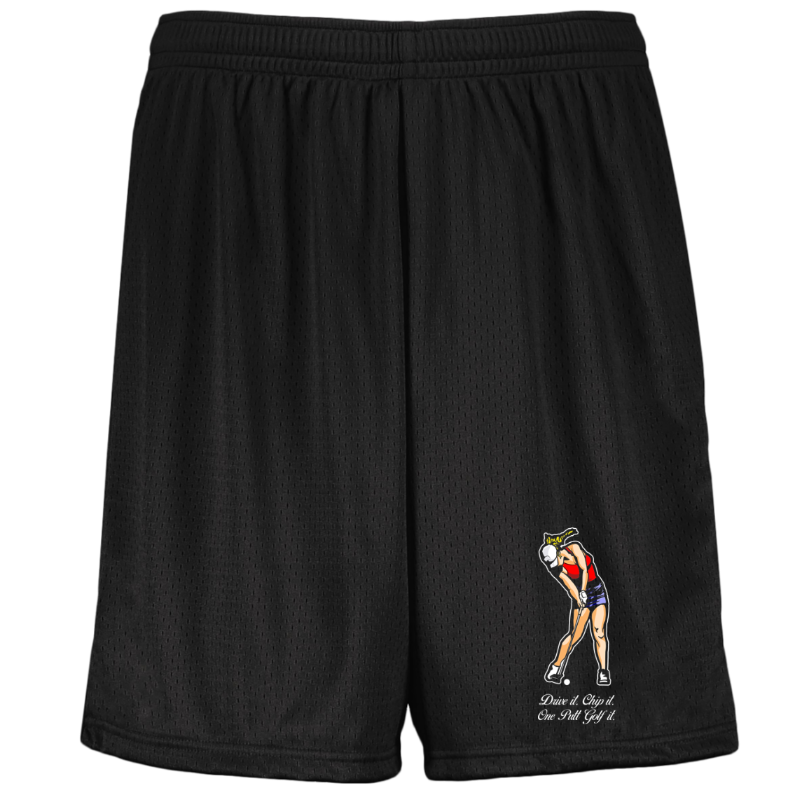 OPG Custom Design #9. Drive it. Chip it. One Putt Golf It. Golf So. Cal. Youth Moisture-Wicking Mesh Shorts