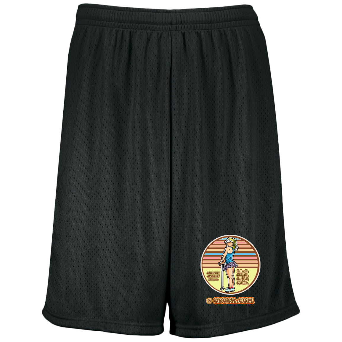 OPG Custom Design #28. Drive it. Chip it. One Putt golf it. Moisture-Wicking 9 inch Inseam Mesh Shorts