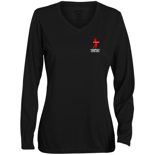 OPG Custom Design #16. Get My Nine.  Male Version. Ladies' Moisture-Wicking Long Sleeve V-Neck Tee