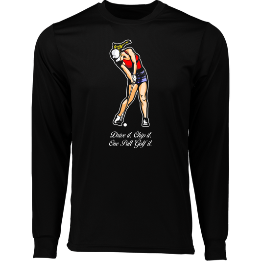 OPG Custom Design #9. Drive it. Chip it. One Putt Golf It. Golf So. Cal. 100% Polyester Moisture-Wicking Tee