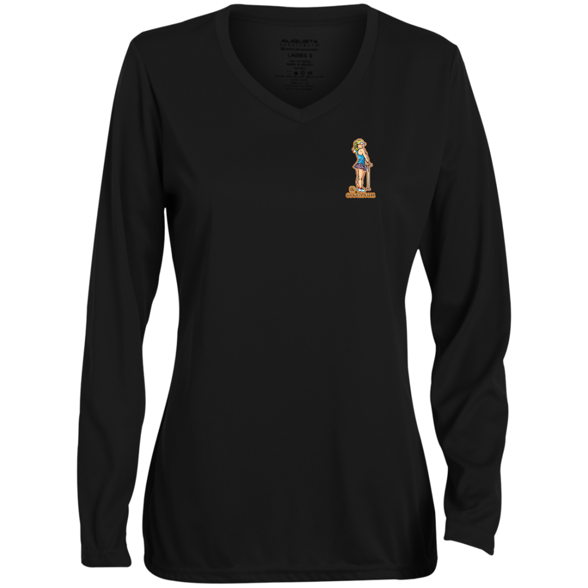 OPG Custom Design #28. Drive it. Chip it. One Putt golf it. Ladies' Moisture-Wicking Long Sleeve V-Neck Tee